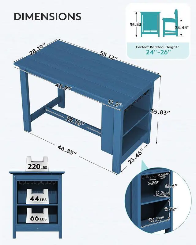 Alt view image 2 of 7 - Outdoor Bar Table, All Weather HDPE 36" Counter Height Dining Table with Storage and Wine Rack for Patio, Garden, Backyard, Balcony, Poolside, Blue