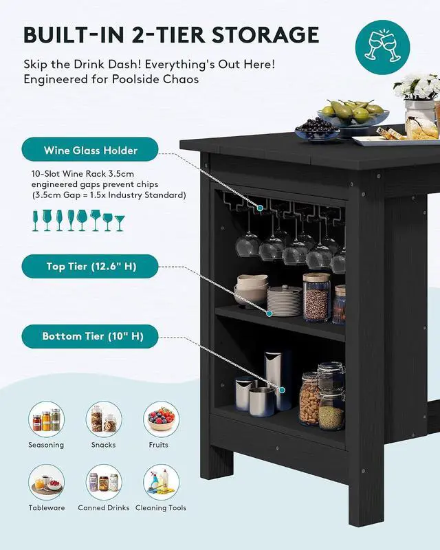 Alt view image 4 of 7 - Outdoor Bar Table, All Weather HDPE 36" Counter Height Dining Table with Storage and Wine Rack for Patio, Garden, Backyard, Balcony, Poolside, Black