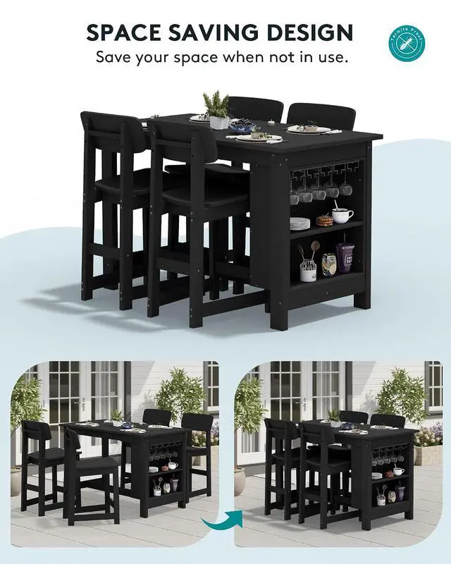 Alt view image 5 of 7 - Outdoor Bar Table, All Weather HDPE 36" Counter Height Dining Table with Storage and Wine Rack for Patio, Garden, Backyard, Balcony, Poolside, Black