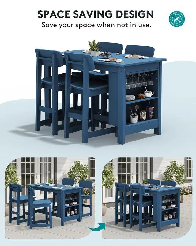Alt view image 5 of 7 - Outdoor Bar Table, All Weather HDPE 36" Counter Height Dining Table with Storage and Wine Rack for Patio, Garden, Backyard, Balcony, Poolside, Blue