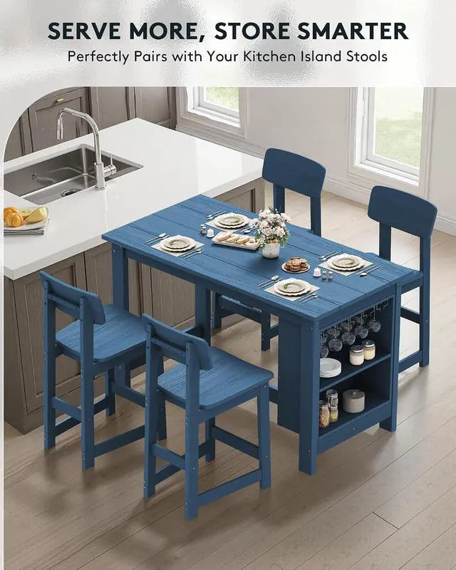 Alt view image 7 of 7 - Outdoor Bar Table, All Weather HDPE 36" Counter Height Dining Table with Storage and Wine Rack for Patio, Garden, Backyard, Balcony, Poolside, Blue