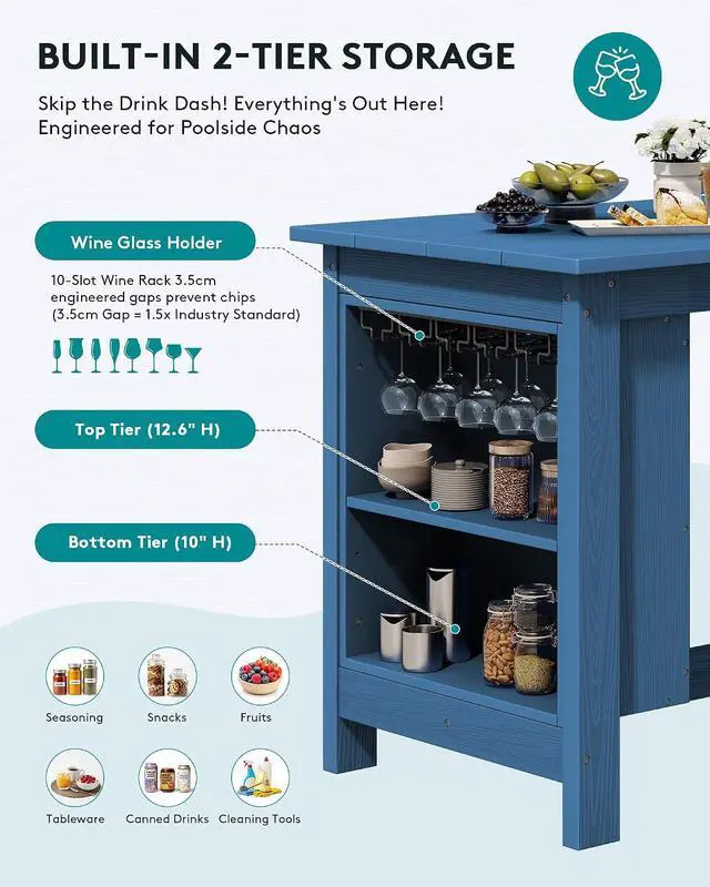 Alt view image 4 of 7 - Outdoor Bar Table, All Weather HDPE 36" Counter Height Dining Table with Storage and Wine Rack for Patio, Garden, Backyard, Balcony, Poolside, Blue