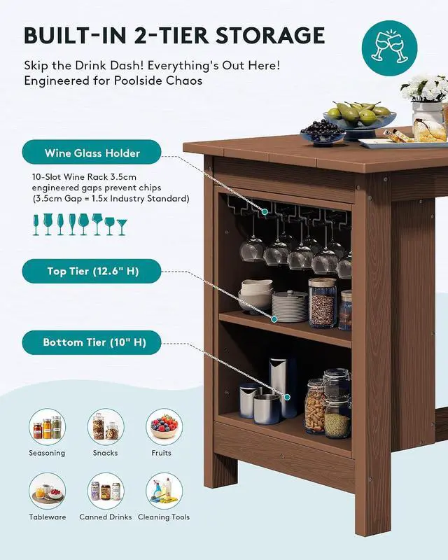 Alt view image 3 of 7 - Outdoor Bar Table, All Weather HDPE 36" Counter Height Dining Table with Storage and Wine Rack for Patio, Garden, Backyard, Balcony, Poolside, Brown
