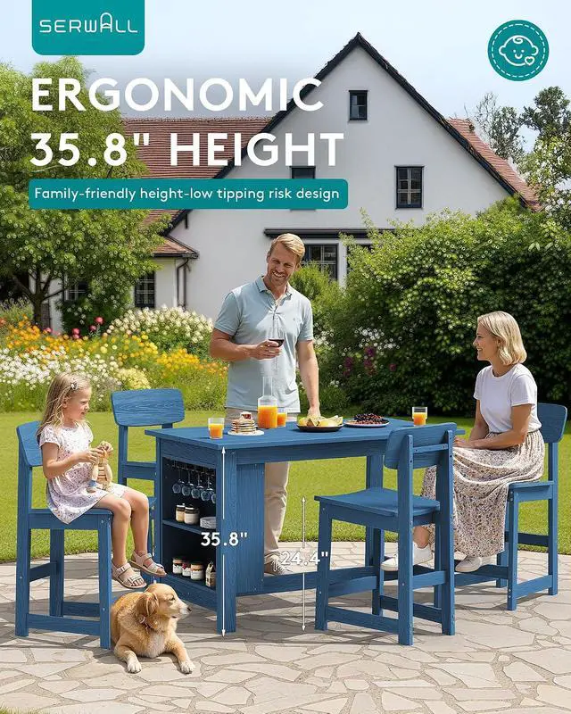 Alt view image 3 of 7 - Outdoor Bar Table, All Weather HDPE 36" Counter Height Dining Table with Storage and Wine Rack for Patio, Garden, Backyard, Balcony, Poolside, Blue