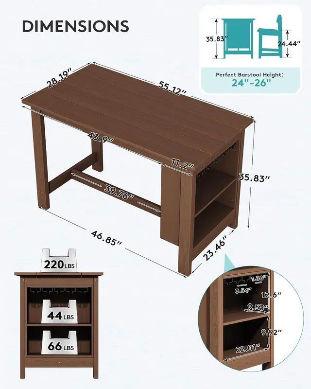 Alt view image 2 of 7 - Outdoor Bar Table, All Weather HDPE 36" Counter Height Dining Table with Storage and Wine Rack for Patio, Garden, Backyard, Balcony, Poolside, Brown