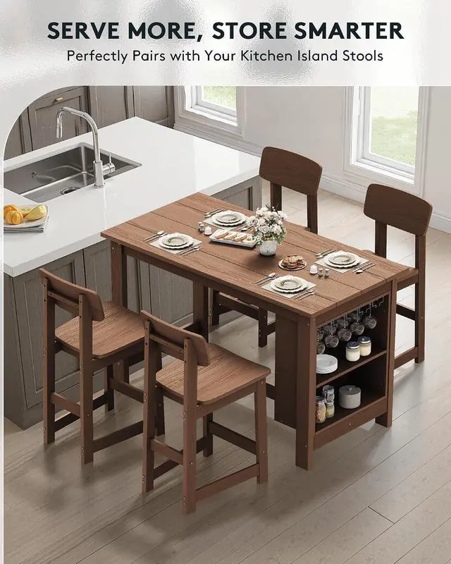 Alt view image 4 of 7 - Outdoor Bar Table, All Weather HDPE 36" Counter Height Dining Table with Storage and Wine Rack for Patio, Garden, Backyard, Balcony, Poolside, Brown