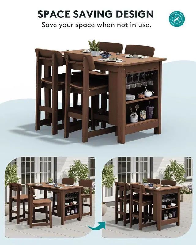 Alt view image 7 of 7 - Outdoor Bar Table, All Weather HDPE 36" Counter Height Dining Table with Storage and Wine Rack for Patio, Garden, Backyard, Balcony, Poolside, Brown