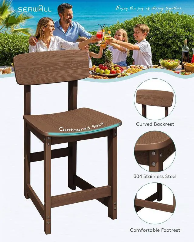 Alt view image 4 of 7 - Outdoor Bar Stools Set of 2, All Weather HDPE 25" Counter Height Bar Stools with Back, Outdoor Armless Barstools for Patio, Garden, Backyard, Balcony, Poolside, Brown