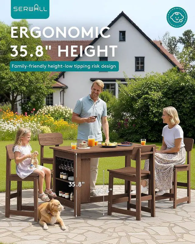 Alt view image 5 of 7 - Outdoor Bar Table, All Weather HDPE 36" Counter Height Dining Table with Storage and Wine Rack for Patio, Garden, Backyard, Balcony, Poolside, Brown