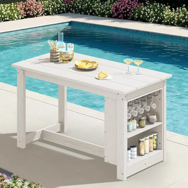 Alt view image 3 of 7 - Outdoor Bar Table, All Weather HDPE 36" Counter Height Dining Table with Storage and Wine Rack for Patio, Garden, Backyard, Balcony, Poolside, White