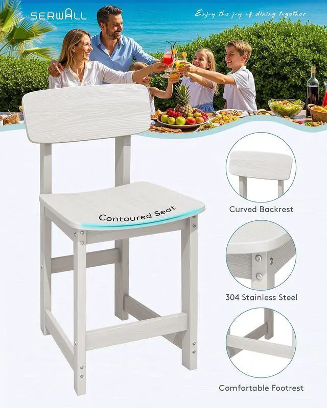 Alt view image 4 of 7 - Outdoor Bar Stools Set of 2, All Weather HDPE 25" Counter Height Bar Stools with Back, Outdoor Armless Barstools for Patio, Garden, Backyard, Balcony, Poolside, White