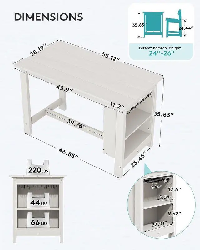 Alt view image 2 of 7 - Outdoor Bar Table, All Weather HDPE 36" Counter Height Dining Table with Storage and Wine Rack for Patio, Garden, Backyard, Balcony, Poolside, White