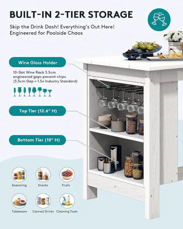 Alt view image 4 of 7 - Outdoor Bar Table, All Weather HDPE 36" Counter Height Dining Table with Storage and Wine Rack for Patio, Garden, Backyard, Balcony, Poolside, White