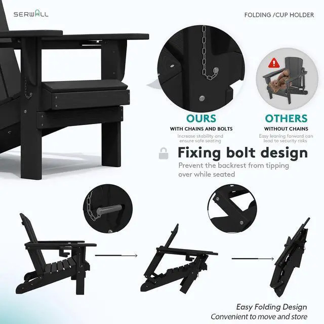 Alt view image 3 of 7 - HDPE Folding Adirondack Chair with Dual Cup Holder - Composite Adirondack Chair Set of 4- Black