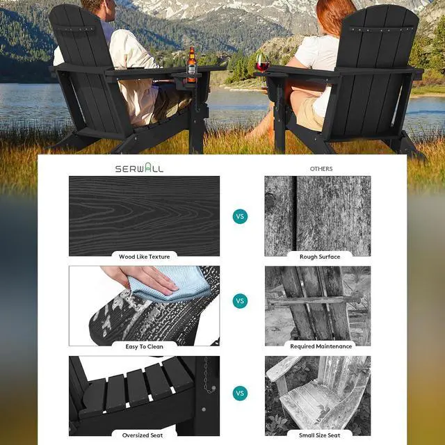 Alt view image 2 of 7 - HDPE Folding Adirondack Chair with Dual Cup Holder - Composite Adirondack Chair Set of 4- Black