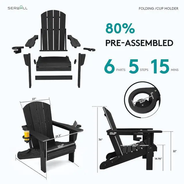 Alt view image 7 of 7 - HDPE Folding Adirondack Chair with Dual Cup Holder - Composite Adirondack Chair Set of 4- Black