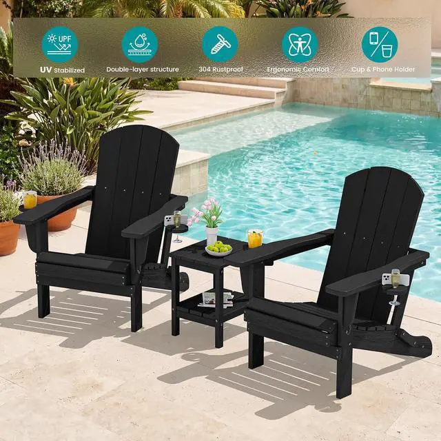Alt view image 6 of 7 - HDPE Folding Adirondack Chair with Dual Cup Holder - Composite Adirondack Chair Set of 4- Black
