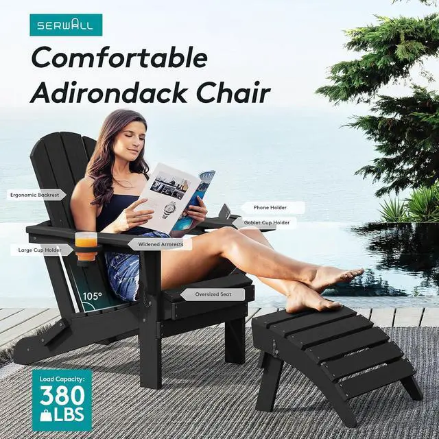 Alt view image 5 of 7 - HDPE Folding Adirondack Chair with Dual Cup Holder - Composite Adirondack Chair Set of 4- Black