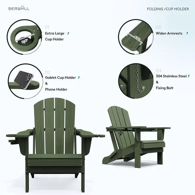 Alt view image 5 of 7 - Adirondack Chair with Cup Holders - Composite Adirondack Chairs Set of 4 HDPE Outdoor Chairs All Weather Use- Avocado