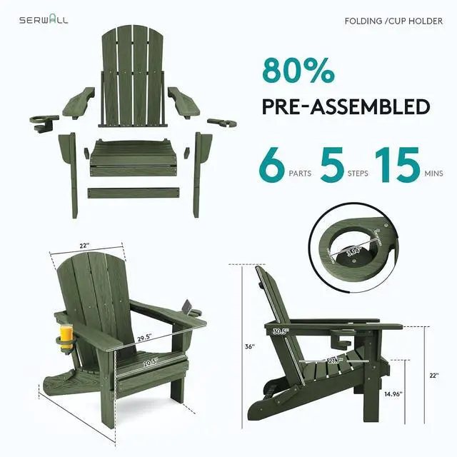 Alt view image 7 of 7 - Adirondack Chair with Cup Holders - Composite Adirondack Chairs Set of 4 HDPE Outdoor Chairs All Weather Use- Avocado