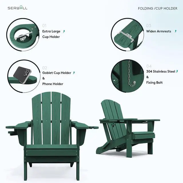 Alt view image 5 of 7 - Adirondack Chair with Cup Holders - Composite Adirondack Chairs Set of 4 HDPE Outdoor Chairs All Weather Use- Green