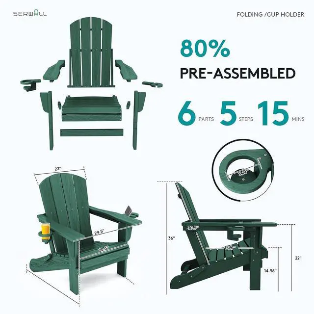 Alt view image 7 of 7 - Adirondack Chair with Cup Holders - Composite Adirondack Chairs Set of 4 HDPE Outdoor Chairs All Weather Use- Green