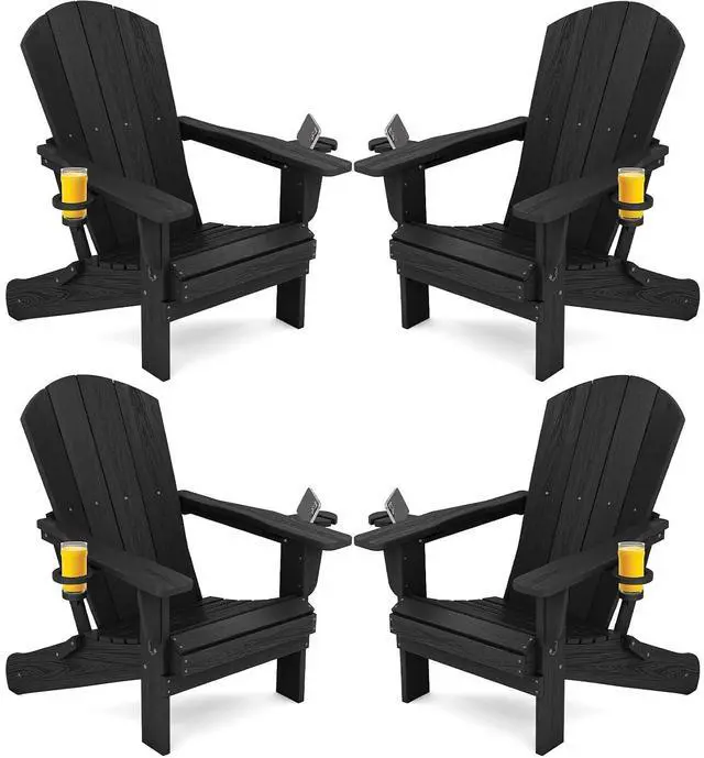 Main image of HDPE Folding Adirondack Chair with Dual Cup Holder - Composite Adirondack Chair Set of 4- Black