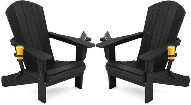 Main image of HDPE Folding Adirondack Chair with Dual Cup Holder - Composite Adirondack Chair Set of 2- Black