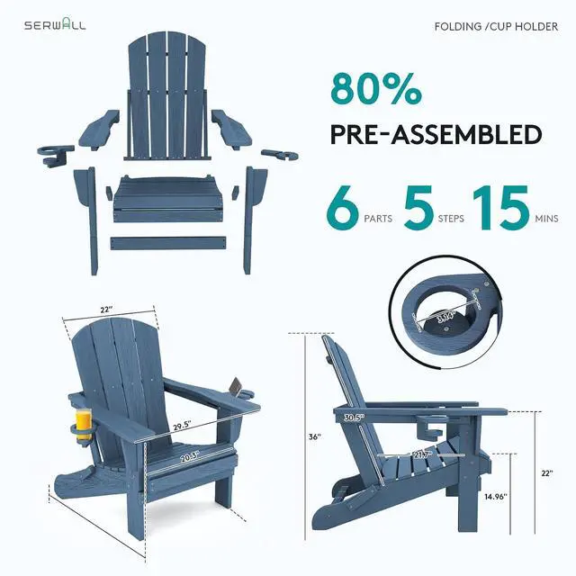 Alt view image 7 of 7 - Folding Adirondack Chair, HDPE Adirondack Chairs Set of 4, Plastic Outdoor Chairs- Looks Exactly Like Real Wood- Navy