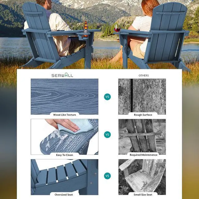 Alt view image 2 of 7 - Folding Adirondack Chair, HDPE Adirondack Chairs Set of 4, Plastic Outdoor Chairs- Looks Exactly Like Real Wood- Navy