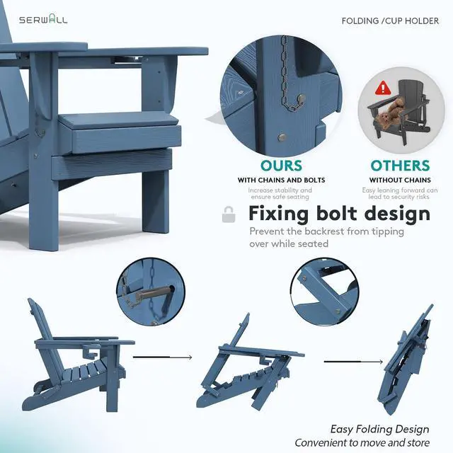 Alt view image 3 of 7 - Folding Adirondack Chair, HDPE Adirondack Chairs Set of 4, Plastic Outdoor Chairs- Looks Exactly Like Real Wood- Navy