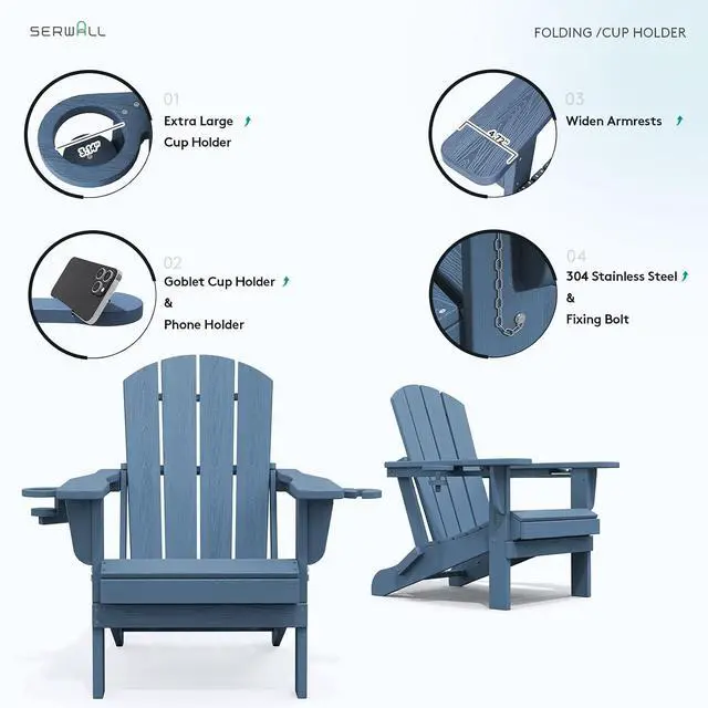 Alt view image 4 of 7 - Folding Adirondack Chair, HDPE Adirondack Chairs Set of 4, Plastic Outdoor Chairs- Looks Exactly Like Real Wood- Navy