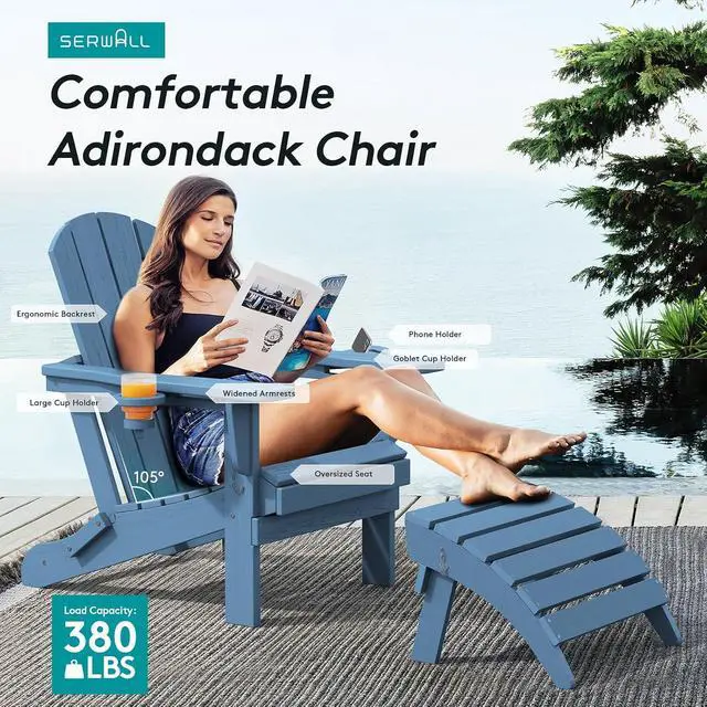 Alt view image 5 of 7 - Folding Adirondack Chair, HDPE Adirondack Chairs Set of 4, Plastic Outdoor Chairs- Looks Exactly Like Real Wood- Navy