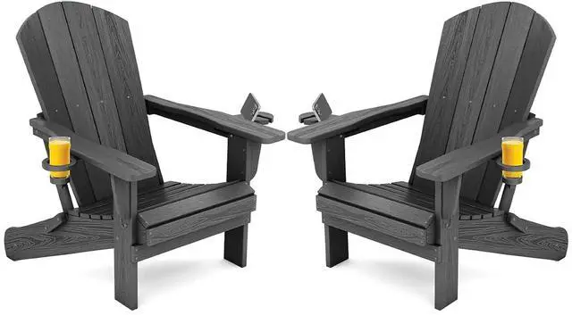 Main image of Foldable Adirondack Chair Set of 2, HDPE Adirondack Chair with Wood-Texture-Gray