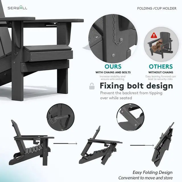 Alt view image 4 of 7 - Foldable Adirondack Chair Set of 4, HDPE Adirondack Chair with Wood-Texture-Gray