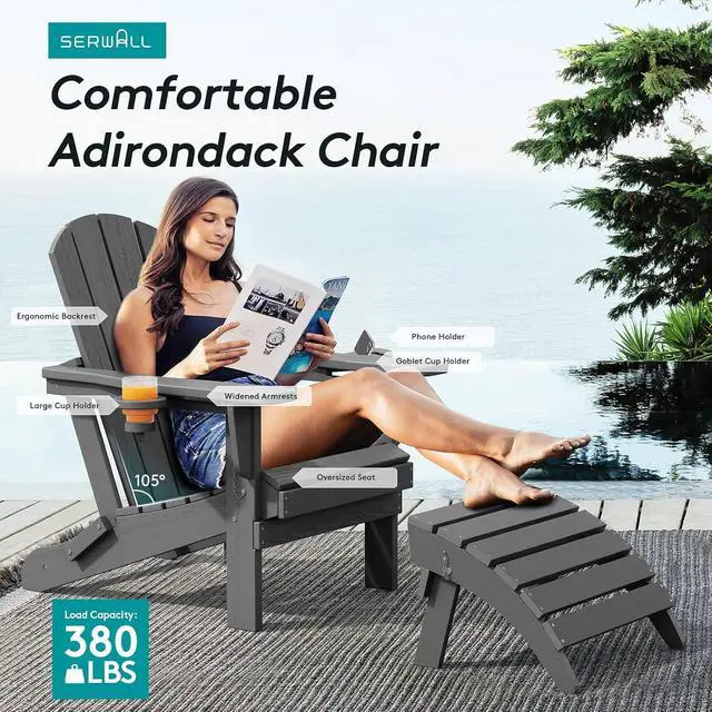 Alt view image 6 of 7 - Foldable Adirondack Chair Set of 4, HDPE Adirondack Chair with Wood-Texture-Gray