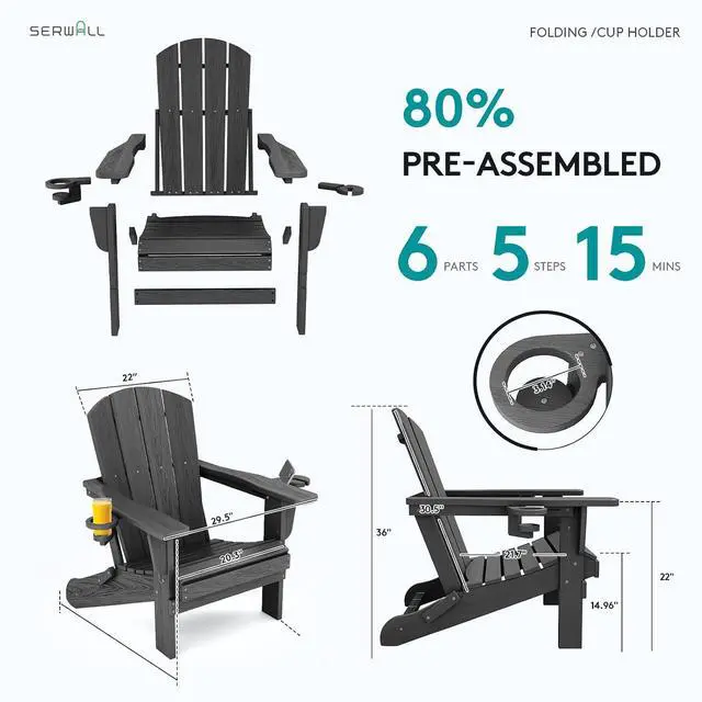 Alt view image 7 of 7 - Foldable Adirondack Chair Set of 4, HDPE Adirondack Chair with Wood-Texture-Gray