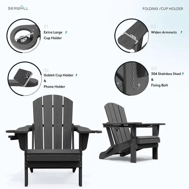Alt view image 5 of 7 - Foldable Adirondack Chair Set of 4, HDPE Adirondack Chair with Wood-Texture-Gray