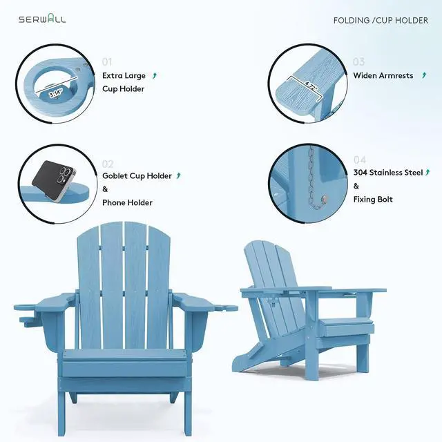 Alt view image 6 of 7 - Adirondack Chair with Cup Holders - Composite Adirondack Chairs HDPE Outdoor Chairs All Weather Use- Light Blue
