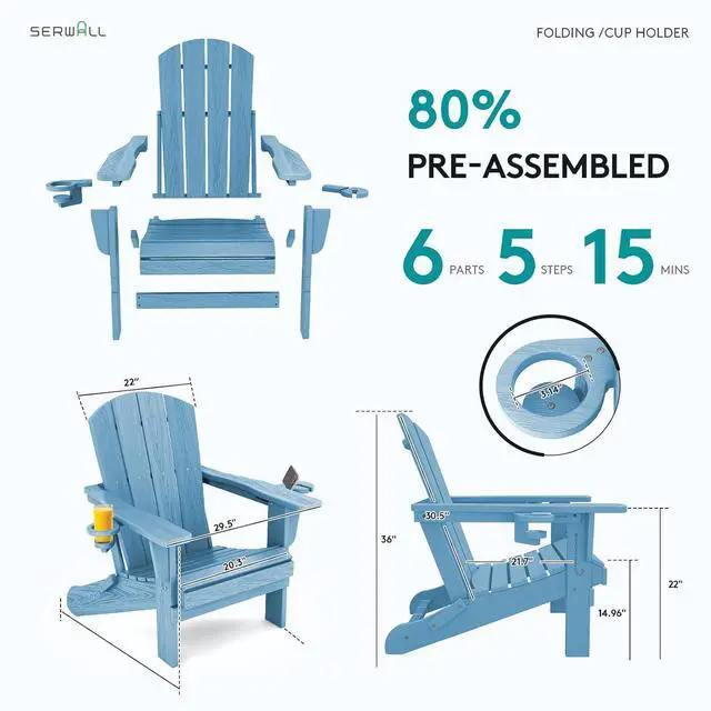Alt view image 3 of 7 - Adirondack Chair with Cup Holders - Composite Adirondack Chairs HDPE Outdoor Chairs All Weather Use- Light Blue