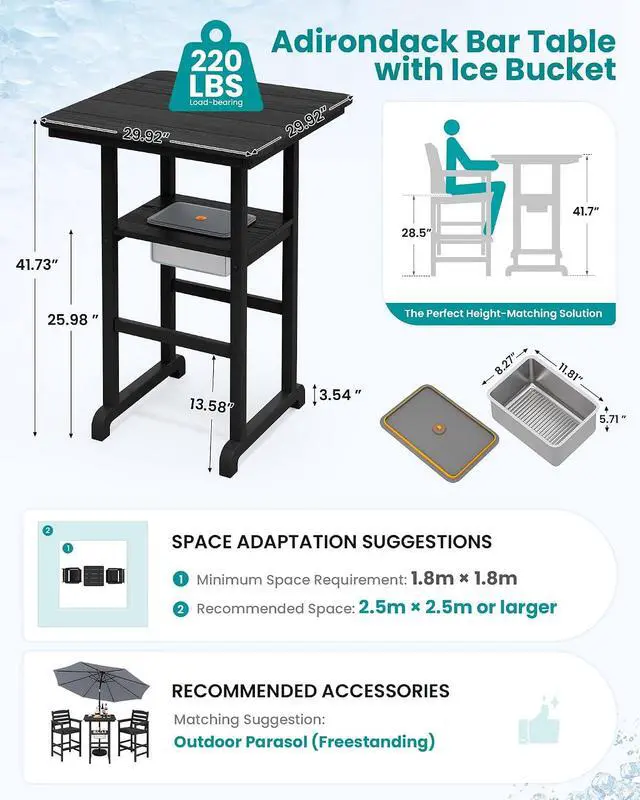 Alt view image 2 of 2 - HDPE 41.7'' Bar Table with Ice Bucket, Bar Height Table with Ice Bucket, 30'' x 30'' Square Bar Tables Bistro, Poolside, Backyard, Black