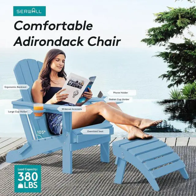 Alt view image 7 of 7 - Adirondack Chair with Cup Holders - Composite Adirondack Chairs HDPE Outdoor Chairs All Weather Use- Light Blue