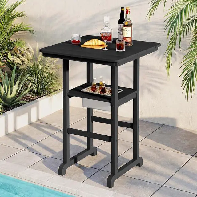 Main image of HDPE 41.7'' Bar Table with Ice Bucket, Bar Height Table with Ice Bucket, 30'' x 30'' Square Bar Tables Bistro, Poolside, Backyard, Black