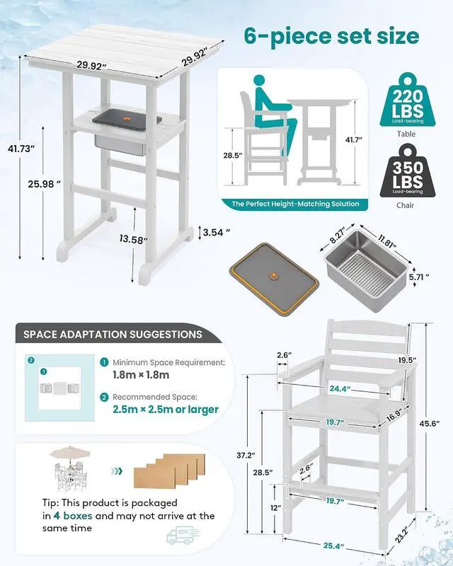 Alt view image 2 of 7 - Adirondack Bar Chairs and Table 5 Pieces Set with Umbrella, HDPE Bar Height Chairs Set of 2 and Bar Table with Ice Bucket, Outdoor Bar Stools Set for Balcony, Poolside, Backyard, White