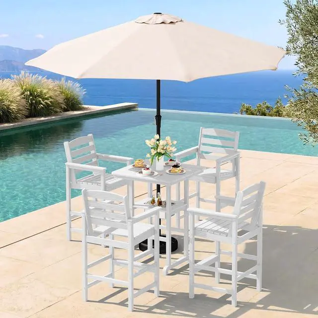 Main image of Adirondack Bar Chairs and Table 5 Pieces Set with Umbrella, HDPE Bar Height Chairs Set of 2 and Bar Table with Ice Bucket, Outdoor Bar Stools Set for Balcony, Poolside, Backyard, White