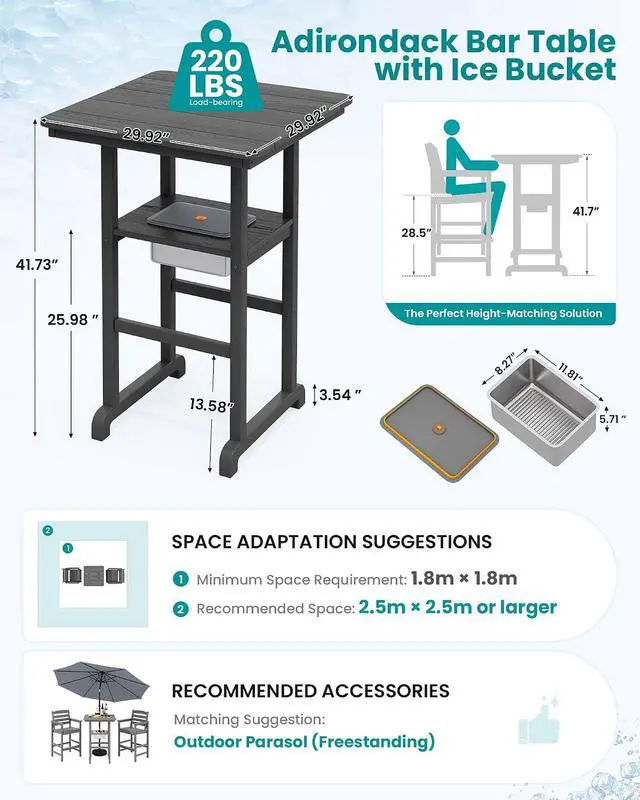 Alt view image 2 of 2 - HDPE 41.7'' Bar Table with Ice Bucket, Bar Height Table with Ice Bucket, 30'' x 30'' Square Bar Tables Bistro, Poolside, Backyard, Grey