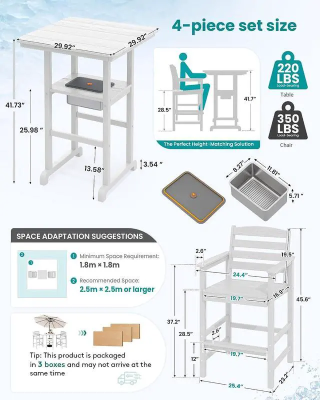 Alt view image 2 of 7 - Adirondack Bar Chairs and Table 3 Pieces Set with Umbrella, HDPE Bar Height Chairs Set of 2 and Bar Table with Ice Bucket, Outdoor Bar Stools Set for Balcony, Poolside, Backyard, White