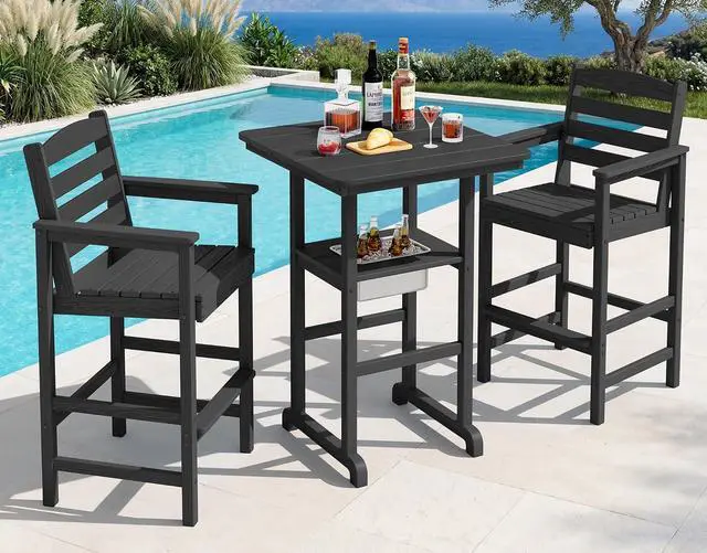 Main image of Balcony Adirondack Chairs and Table 3 Pieces Set, HDPE Bar Height Chairs Set of 2 and Bar Table with Ice Bucket, Outdoor Bar Stools Set for Bistro, Poolside, Backyard, Black