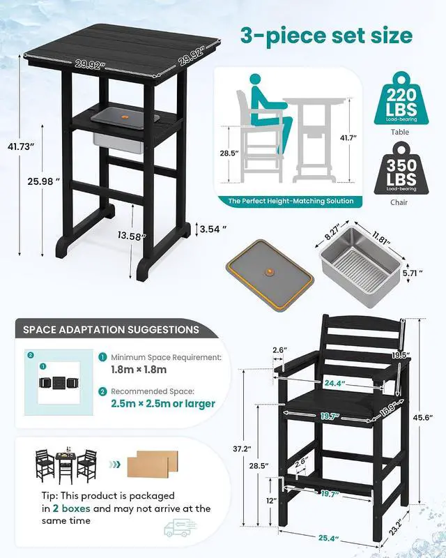 Alt view image 2 of 7 - Balcony Adirondack Chairs and Table 3 Pieces Set, HDPE Bar Height Chairs Set of 2 and Bar Table with Ice Bucket, Outdoor Bar Stools Set for Bistro, Poolside, Backyard, Black