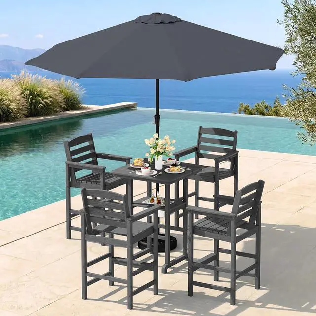Main image of Adirondack Bar Chairs and Table 5 Pieces Set with Umbrella, HDPE Bar Height Chairs Set of 2 and Bar Table with Ice Bucket, Outdoor Bar Stools Set for Balcony, Poolside, Backyard, Grey